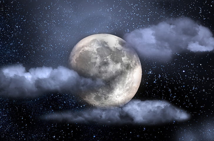 moon and clouds during night time