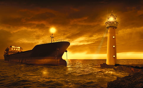 white and black lighthouse surrounded by body of water near cruiser ship at golden hour