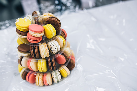 Colourful sweet macarons arranged in a tower
