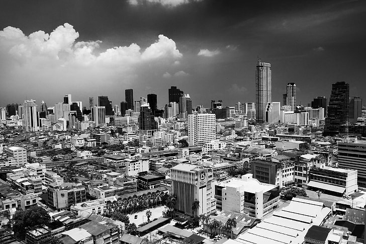 Wide-angle cityscape shot of the city of Bangkok in Thailand, this image was captured from the 25th floor of a hotel