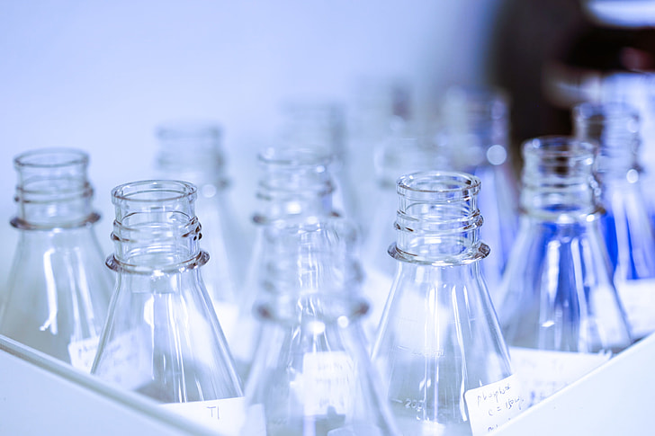 Chemistry bottles in laboratory