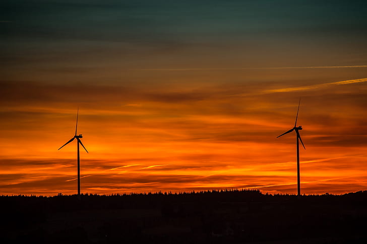 Royalty-Free photo: Silhouette of Windmills Under Orange Sunset | PickPik