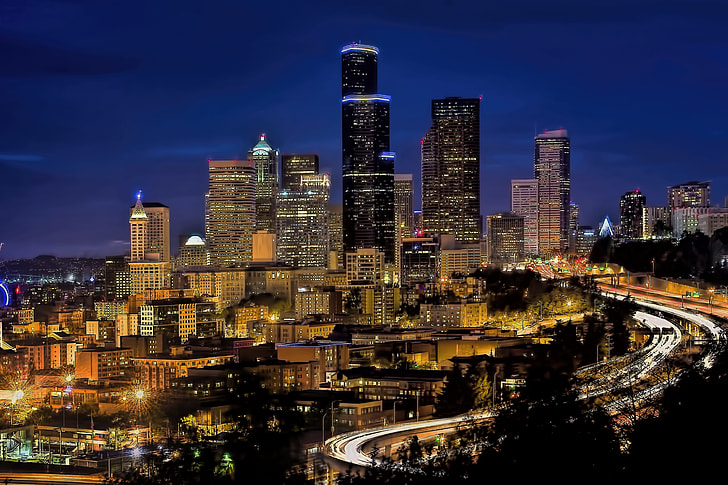city, night time, skyline, downtown, seattle, cityscape