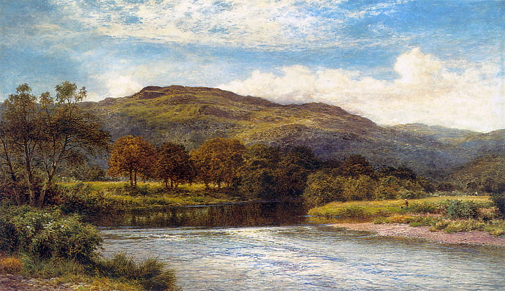 river with trees beside painting
