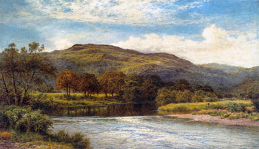 river with trees beside painting