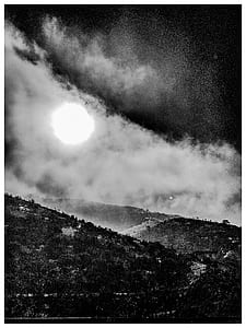 Grayscale Photo of Moon and Forest