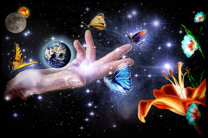 planet earth on glowing hand with moon and butterflies artwork