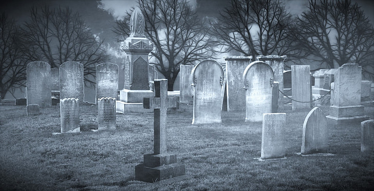 cemetery grayscale photo
