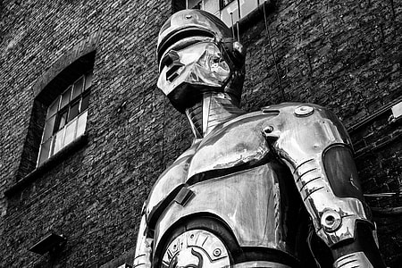 Black and white shot of a large robot structure in Camden, Central London