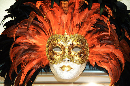 brown and orange feather masquerade mask