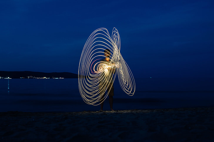 Light painting on the beach at nigh