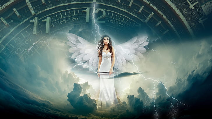 female angel holding sword while standing on clouds