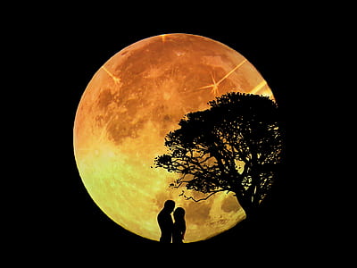silhouette of couple under full moon