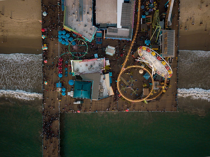 aerial view of amusement park on beach during daytime