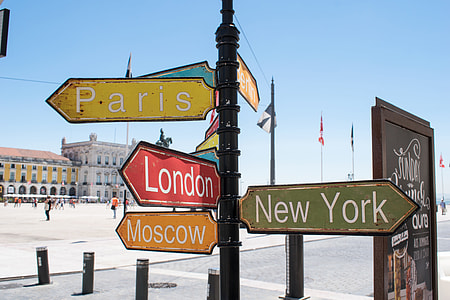 Paris, London,Moscow, and New York signage