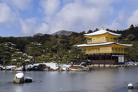 Temple Near Body Of Water Surrounded By Trees With Mountain Background