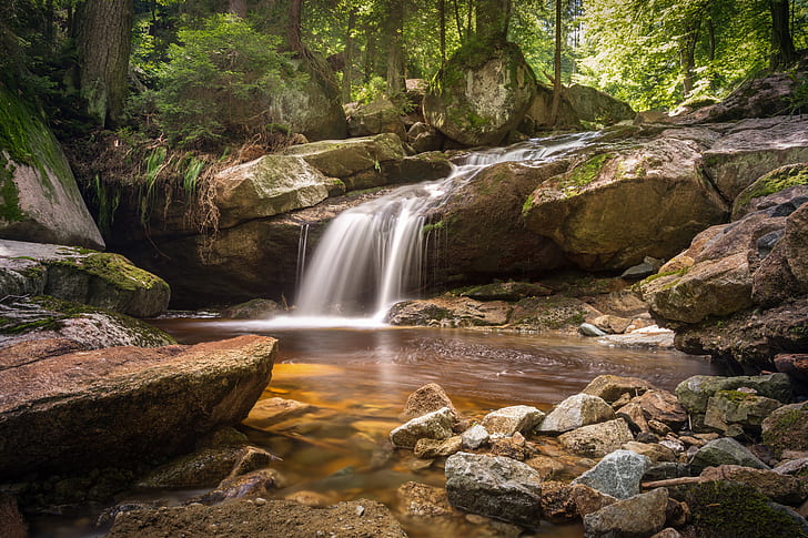 time lapse photography of waterfalls in the forest