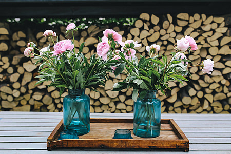 Pink flowers on a wooden table in a sunny garden