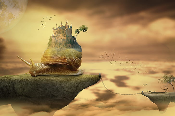 snail castle on floating island during golden hour