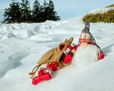 Dwarf plush toy on snow during daytime
