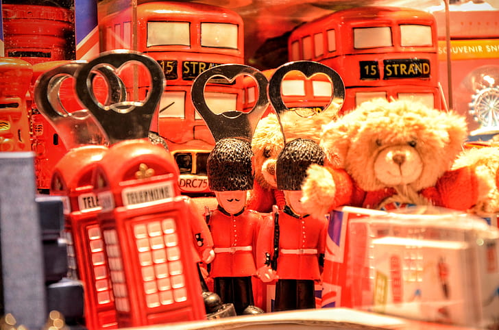 Brown Teddy Bear Near Red Miniature Telephone Booth