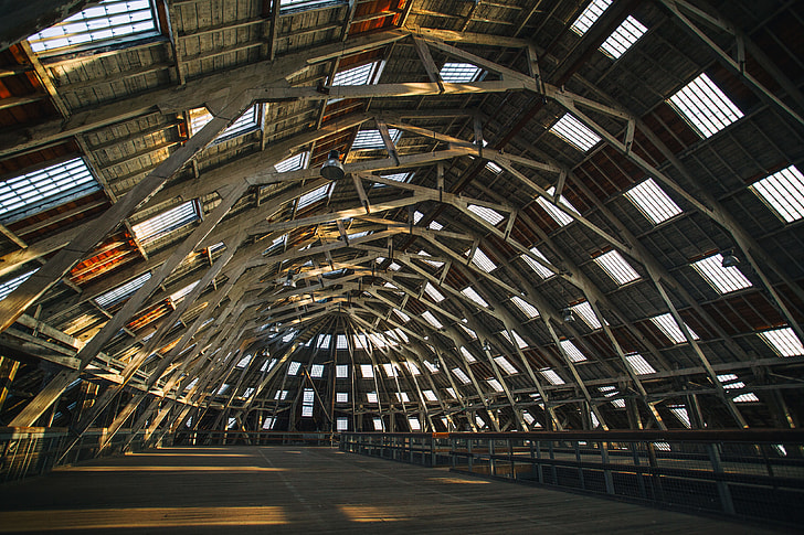 This is a wide angle shot of one of the main wooden buildings at Chatham Dockyard in Kent