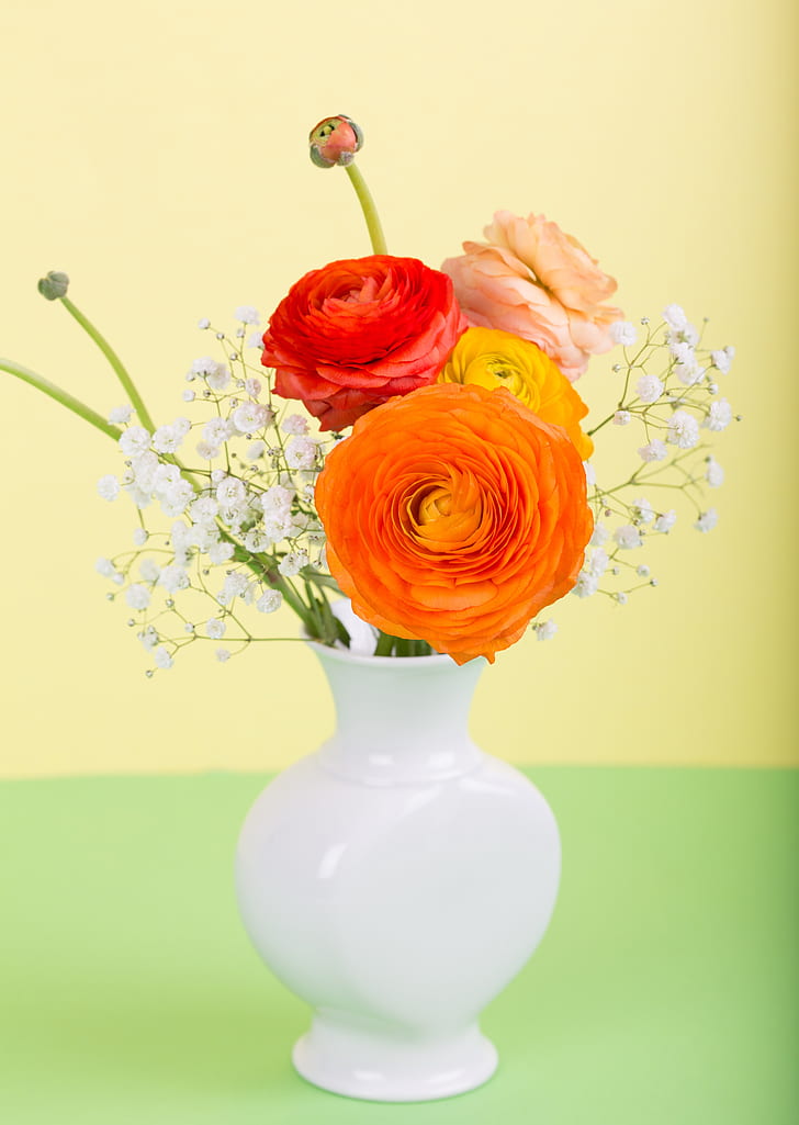 variety of flowers in vase with yellow background