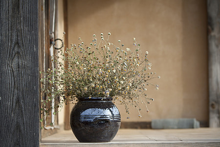 black ceramic flowers vase on beige surface
