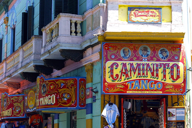 red and yellow Caminito Tango signboard