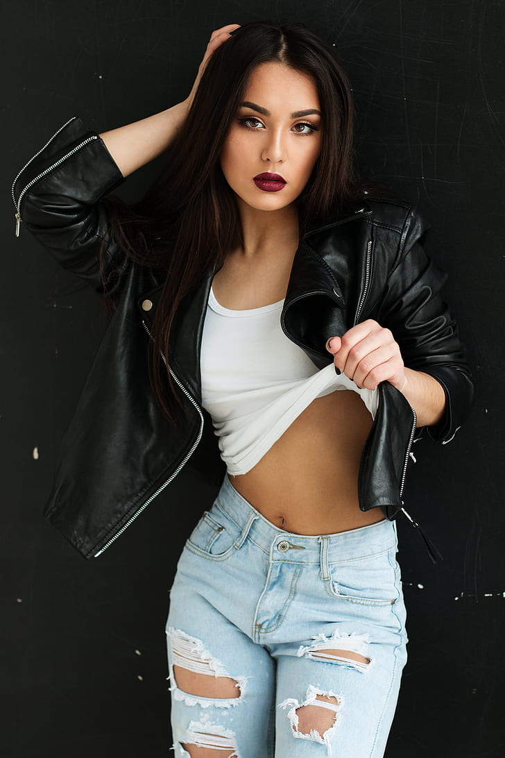 woman in black leather jacket