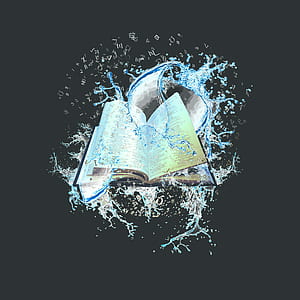 teal and white book with water splash art
