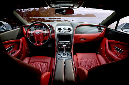 red and black interior of car in front body of water