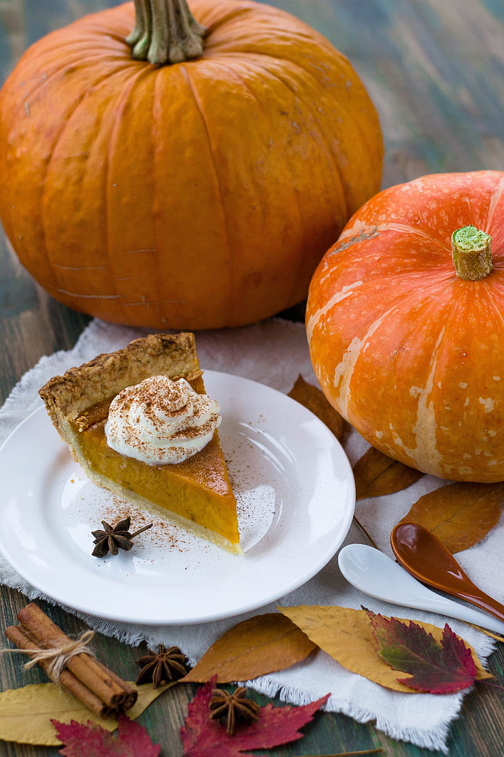 two pumpkins besides pumpkin pie on white ceramic plate near brown and white spoons