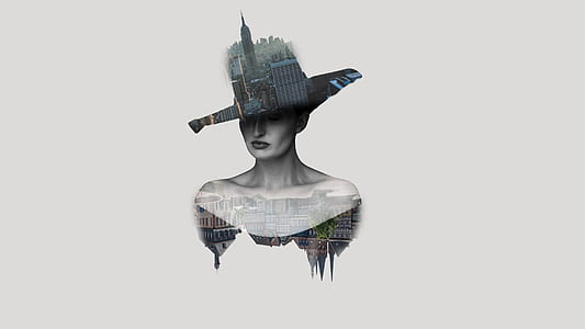 woman with building-print hat optical illusion illustration