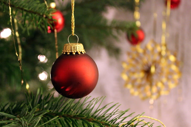 close-up photo of red Christmas bauble hanged on green Christmas tree