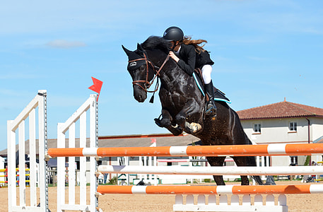 horse jumping over poles with woman riding