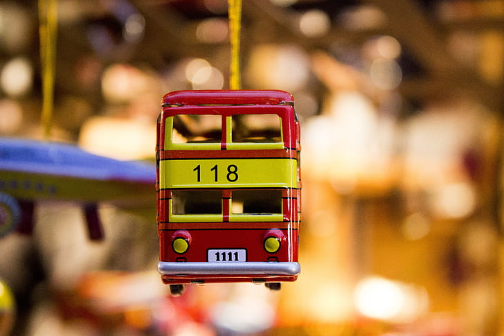 red and yellow die-cast Double Decker Bus Christmas ornament hanging