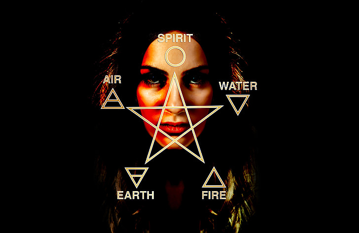 spirit, water, air, earth, and fire text with woman's portrait