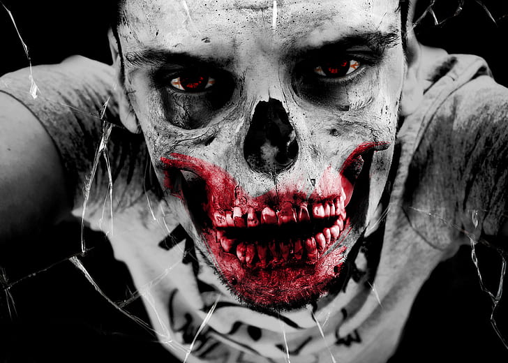 selective color photography of man with bloody skeleton face art