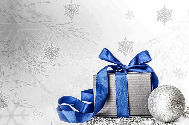 gray gift box with blue ribbon artwork