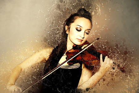 woman wearing black spaghetti-strap top playing brown violin