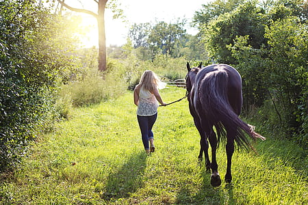 woman wearing white top and blue jeans beside black horse during daytime