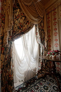 white and black floral curtains
