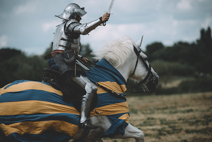 knight Shining armor riding in white horse