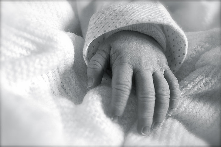 greyscale photography of baby's hand
