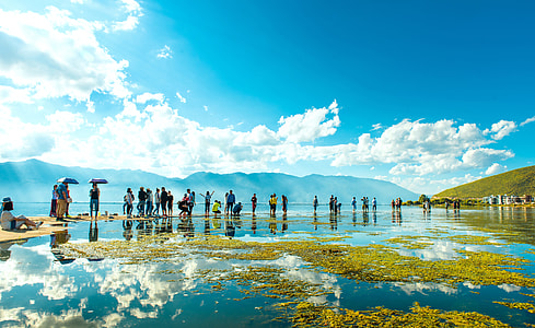people walking on water covered field under blue sky during daytime