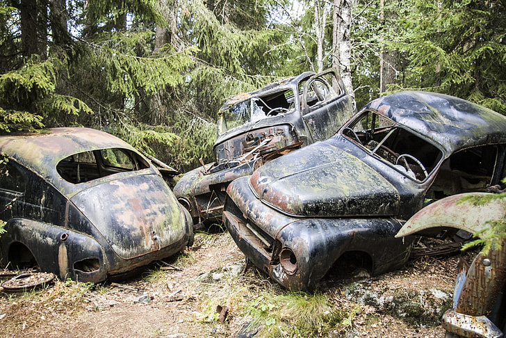 three black car body shells on forest