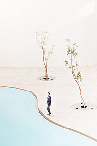 man standing beside pool and two tres painting