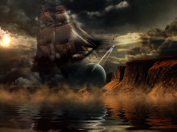 sail ship photograph in front of fallen planet above body of water