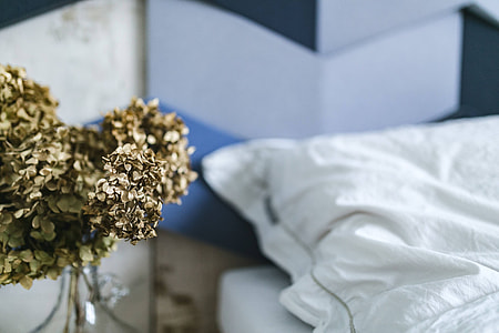 Designer bedroom with an ornamental golden plant in a jar by the bed